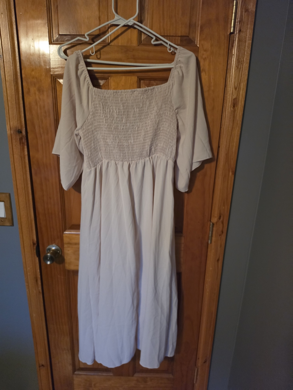 Smocked Square-Neck Midi Dress in Light Beige